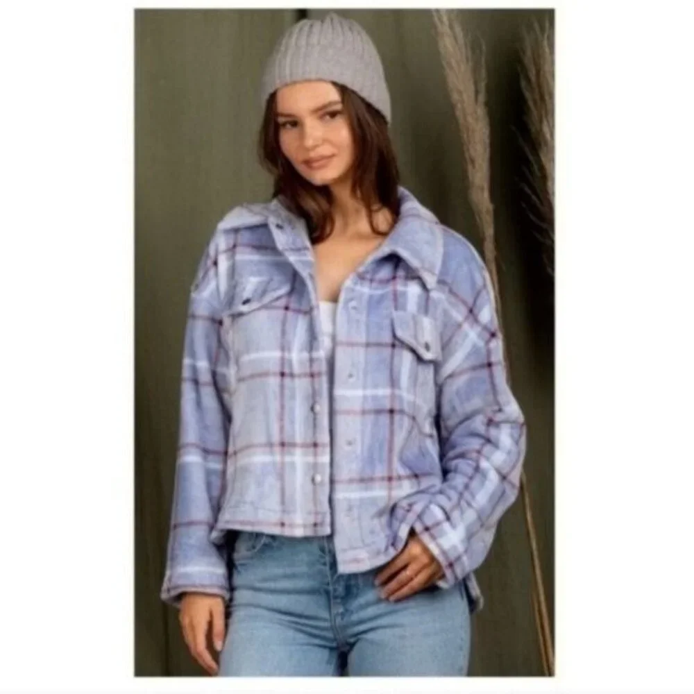 ✨CASUAL COZY FUZZY PLAID SHIRT- JACKET-SHACKET- Hi-Low--NEW - Picture 2 of 5